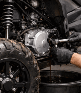 Mekaanikko suorittaa öljynvaihtoa mönkijän huollossa