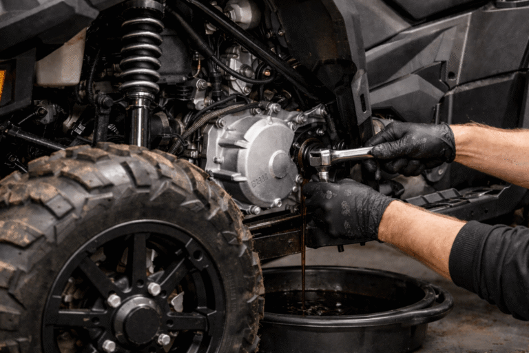 Mekaanikko suorittaa öljynvaihtoa mönkijän huollossa